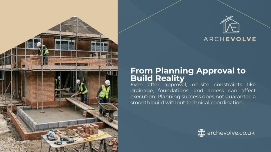 Construction workers on scaffolding build a brick house extension, representing the journey from planning approval to build reality on site.