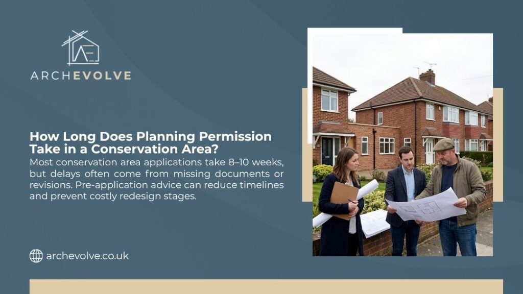 Three professionals review blueprints outside a UK brick home, illustrating how long planning permission takes in a conservation area
