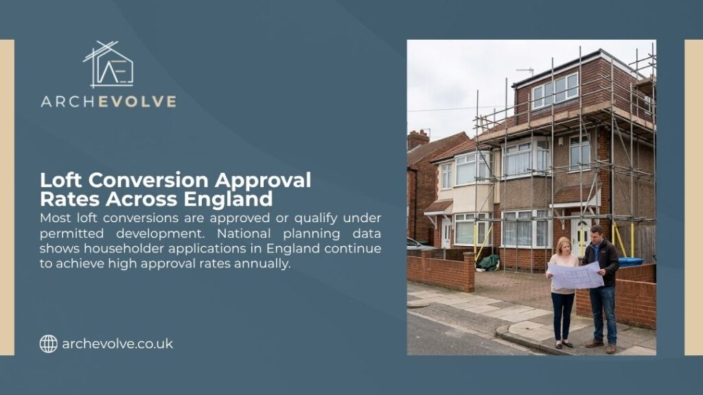 Infographic from Archevolve showing "Loft Conversion Approval Rates Across England" with text on high national approval rates and a photo of a couple reviewing plans in front of a house with scaffolding.