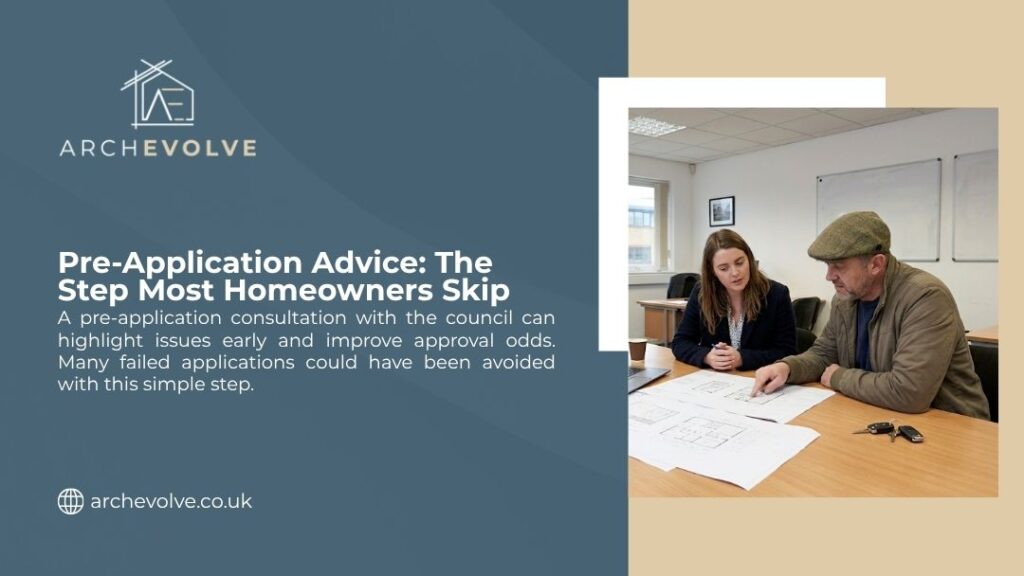 An architect and homeowner review floor plans at a meeting table, illustrating why pre-application advice is the planning step most homeowners skip
