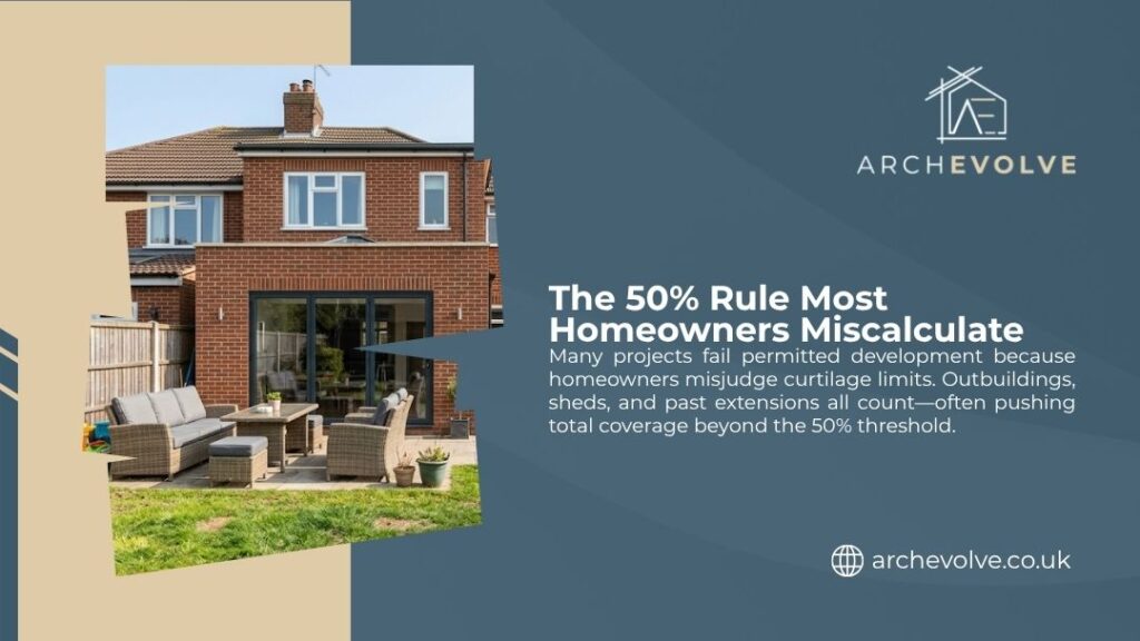 A UK semi-detached home with a rear extension and garden patio, illustrating the 50% rule most homeowners miscalculate when planning permitted development.