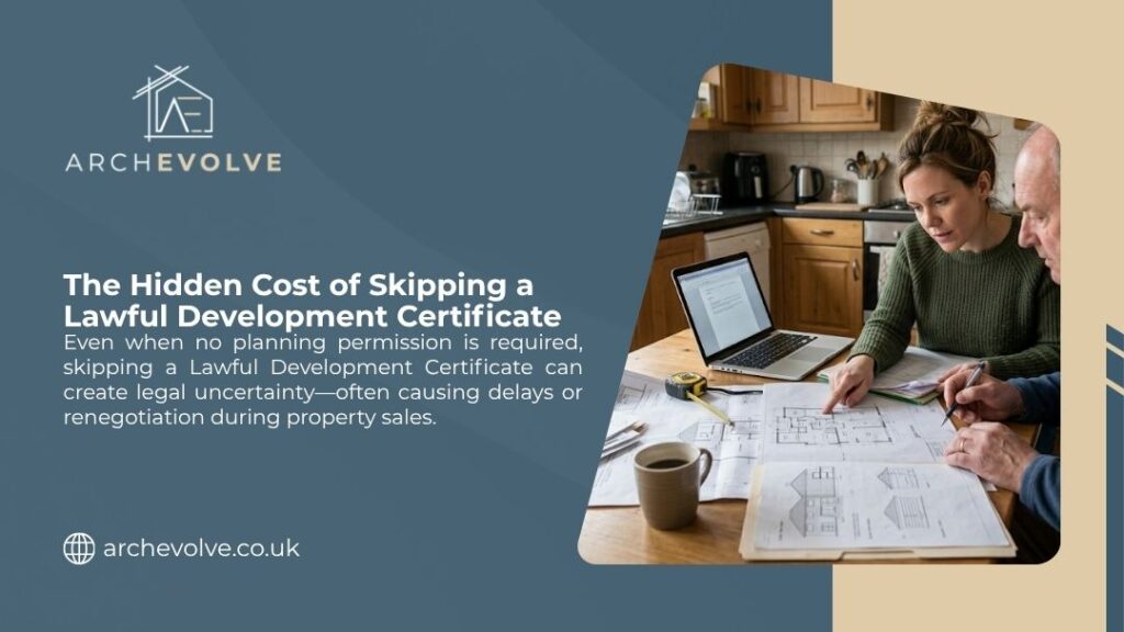 A couple reviews architectural blueprints and a laptop at a kitchen table, highlighting the hidden cost of skipping a Lawful Development Certificate.