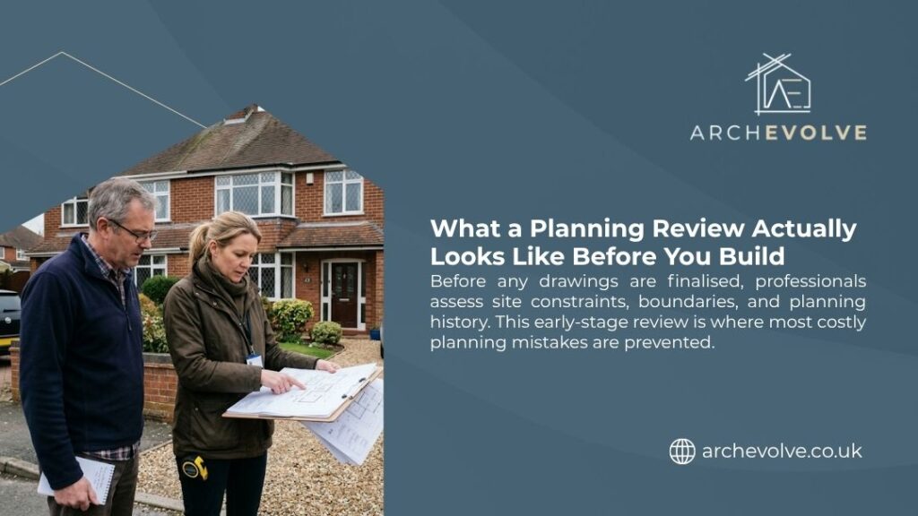 Two professionals review building plans outside a brick house, showing what a planning review actually looks like before you build.