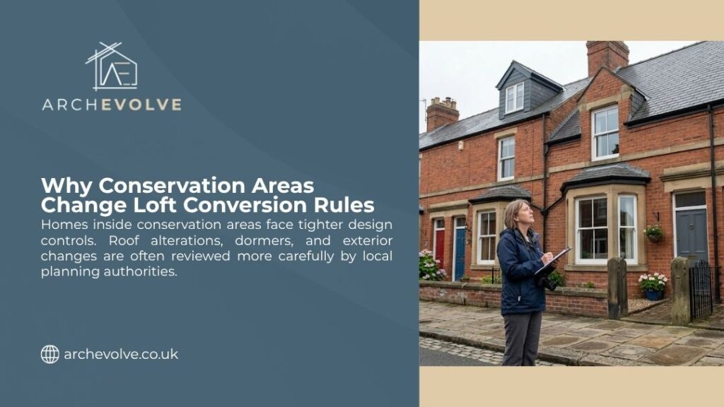 Archevolve infographic titled "Why Conservation Areas Change Loft Conversion Rules" with explanatory text on stricter planning controls and a photo of a woman with clipboard viewing brick terraced houses.