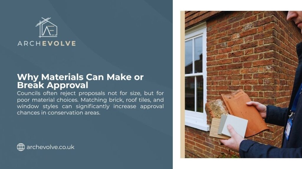 A professional holds brick and tile samples against a heritage brick wall, showing why matching materials can make or break planning approval