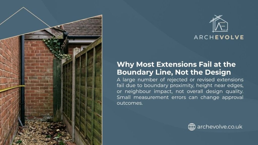 A narrow gap between a brick wall and wooden fence boundary, illustrating why most home extensions fail at the boundary line, not the design.