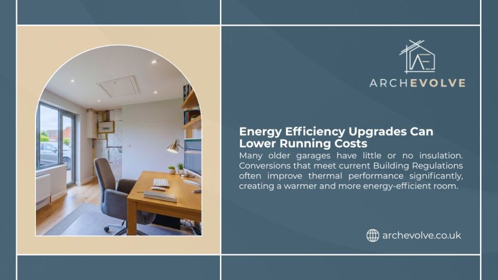 Bright garage conversion home office with insulated walls, recessed lighting, and a large window, showing how energy efficiency upgrades can lower running costs year-round.