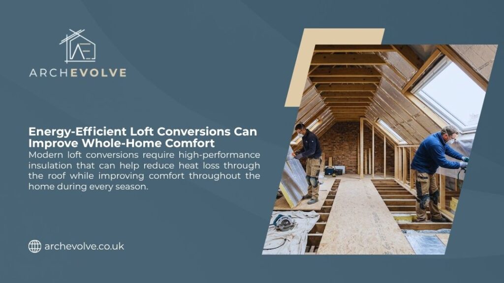 Two builders installing insulation panels in a loft conversion under roof trusses, showing how energy-efficient loft conversions can improve whole-home comfort year-round.