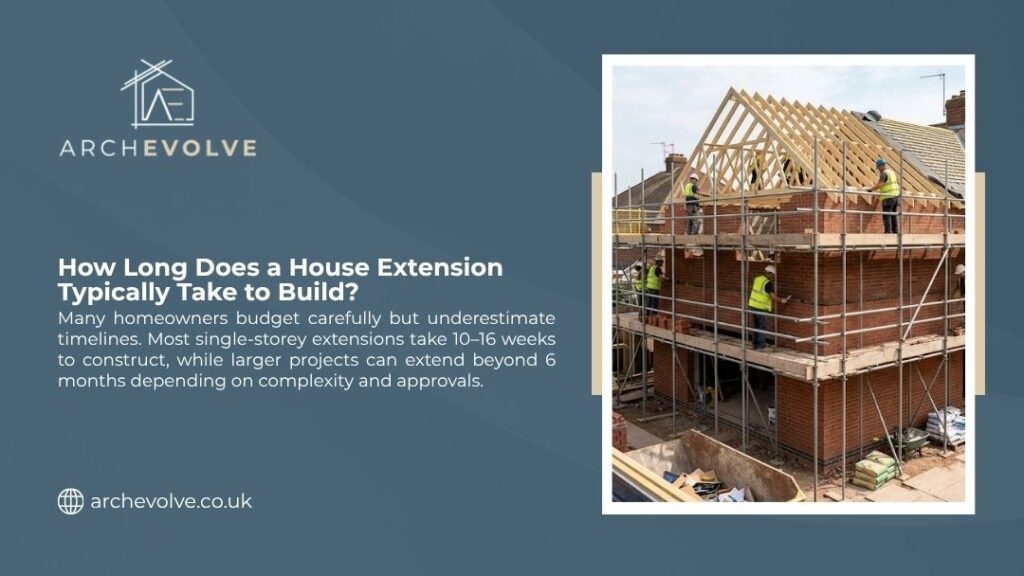 Construction workers building a two-storey brick house extension with roof trusses and scaffolding, illustrating how long a house extension typically takes to build.