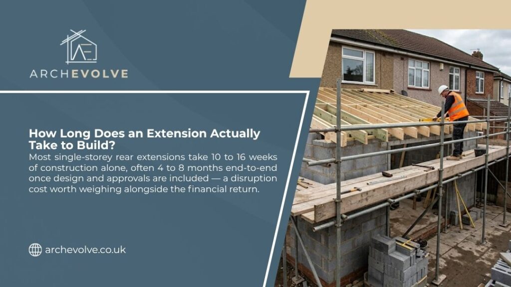 Builder working on extension roof frame with scaffolding, illustrating how long an extension actually takes to build from start to finish.