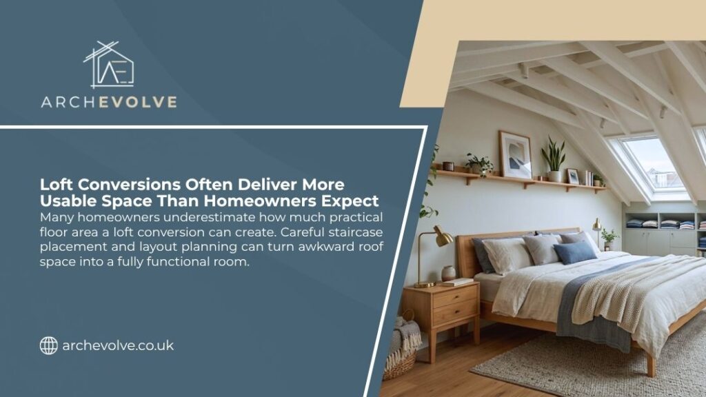 Bright loft conversion bedroom with exposed beams, skylights, and built-in storage, showing how loft conversions often deliver more usable space than homeowners expect.