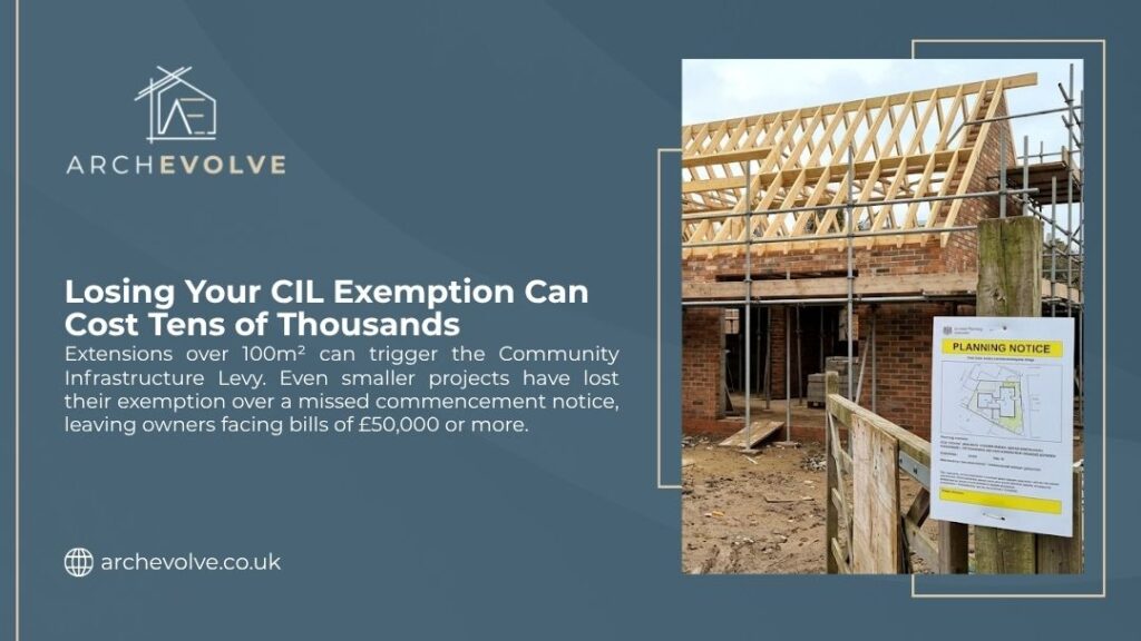 Construction site with planning notice posted, illustrating how losing your CIL exemption on a missed commencement notice can cost tens of thousands.