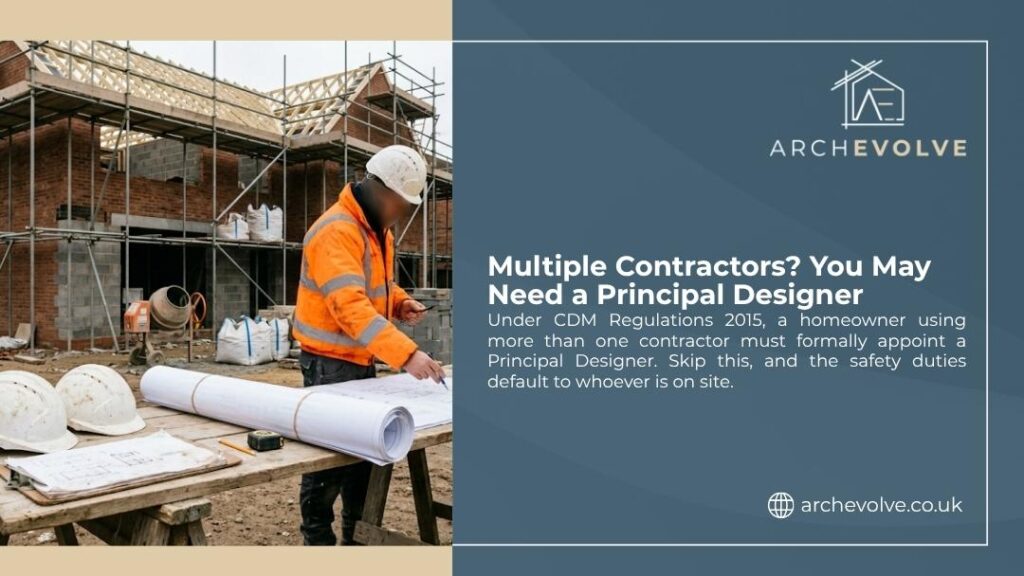 Hidden costs of a house extension
- Construction worker reviewing blueprints at building site, illustrating when multiple contractors mean you may need a Principal Designer under CDM Regulations.