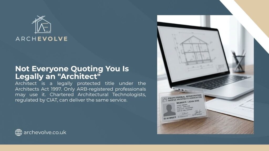 Professional registration ID card beside laptop with house plans, illustrating that not everyone quoting you is legally an architect under UK law.