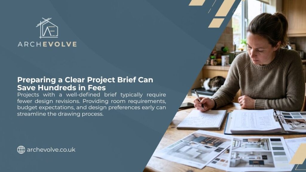 Homeowner writing notes at a desk surrounded by design samples and floor plans, showing how preparing a clear project brief can save hundreds in architectural fees.