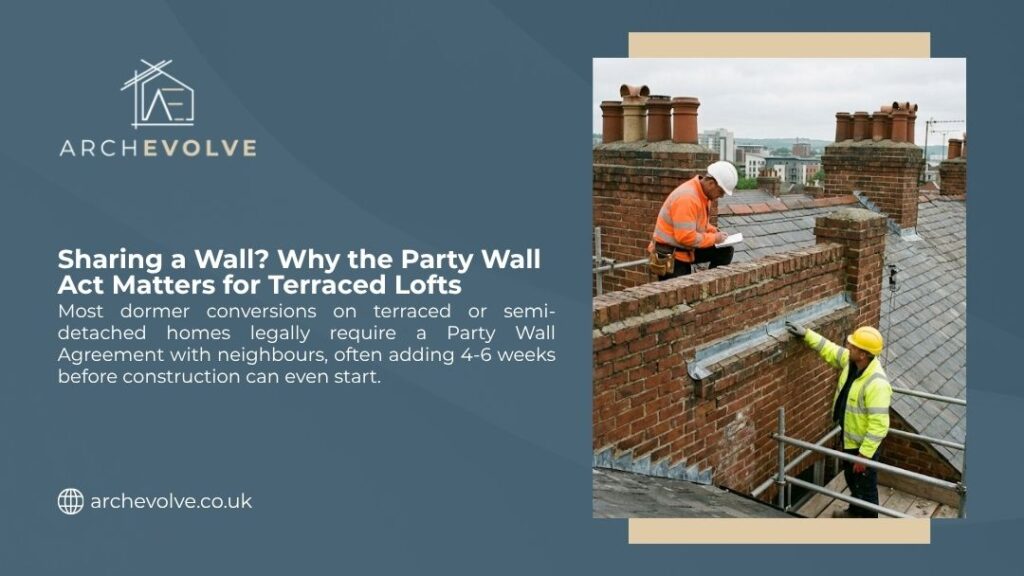 Workers inspecting shared roof and chimney on terraced house, illustrating why the Party Wall Act matters for terraced loft conversions.