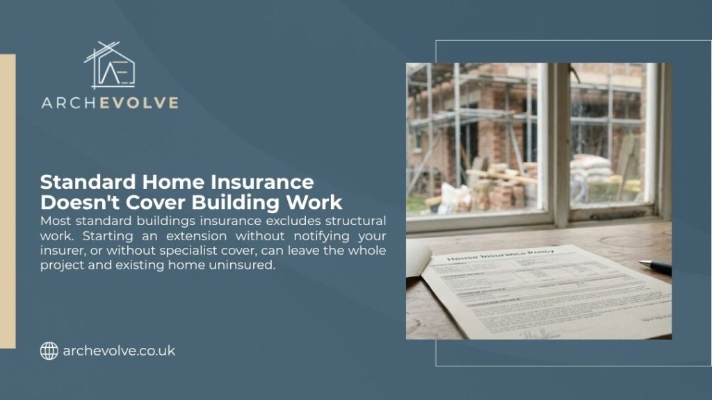 House insurance policy on table beside construction site window, illustrating that standard home insurance doesn't cover building work or extensions.