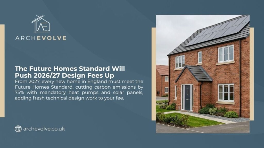 New brick home with solar panels, illustrating how the Future Homes Standard will push 2026/27 design fees up with mandatory heat pumps.