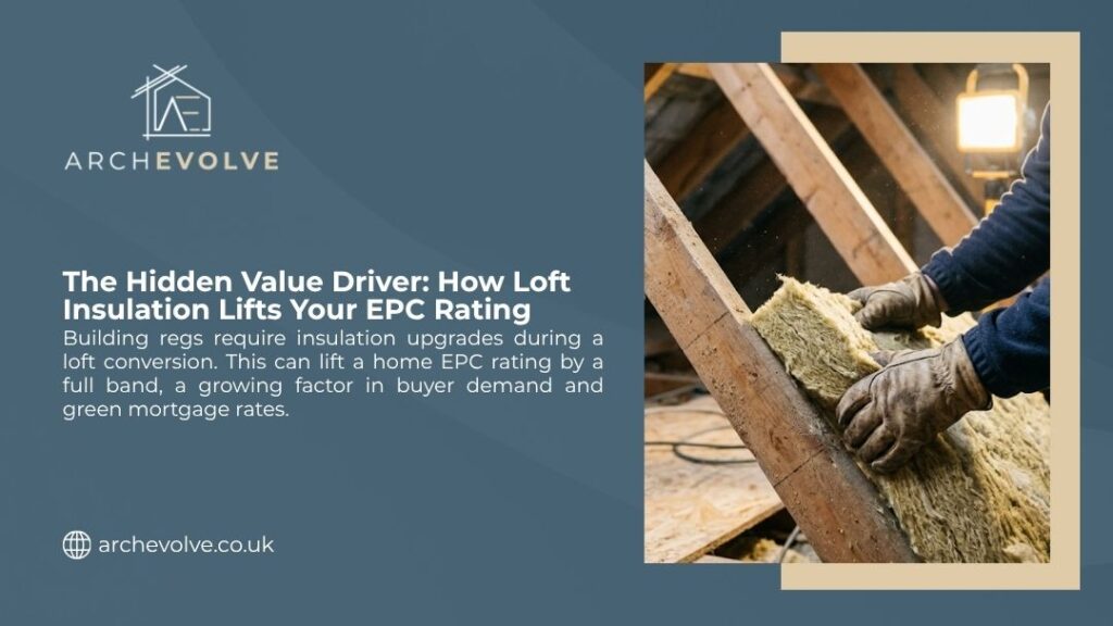 Worker installing loft insulation between roof beams, illustrating the hidden value driver of how loft insulation lifts your EPC rating.