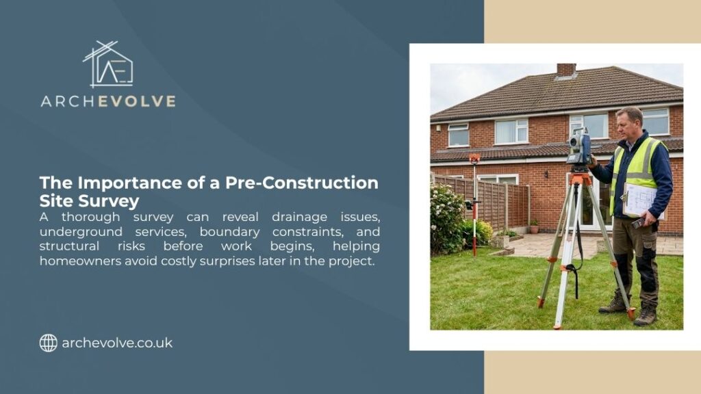 Surveyor using a theodolite in a residential backyard with plans in hand, demonstrating the importance of a pre-construction site survey before a house extension begins.