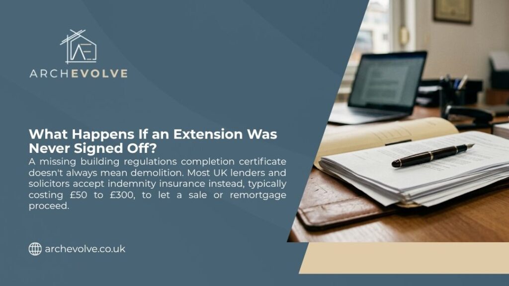 Legal documents and pen on office desk, illustrating what happens if an extension was never signed off and indemnity insurance options.