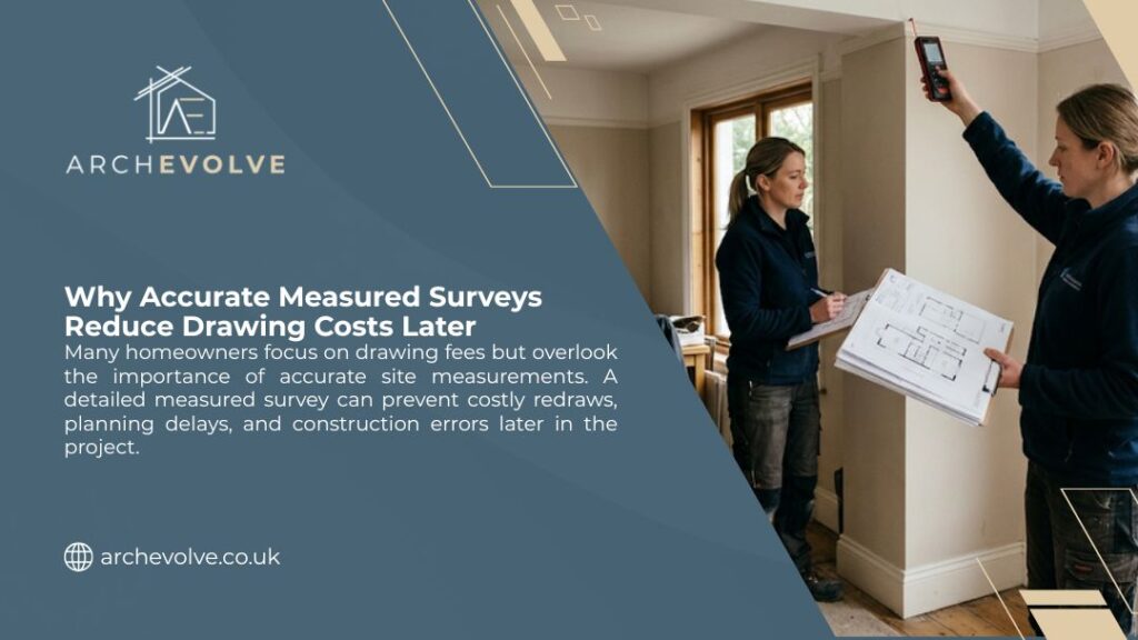 Two surveyors measuring interior walls with a laser device and floor plans in hand, showing why accurate measured surveys reduce drawing costs and prevent costly redraws later.