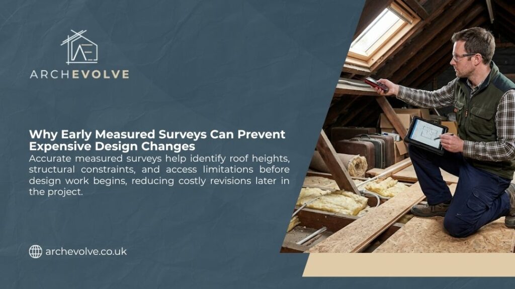 Surveyor measuring a loft space with a laser device and tablet, showing why early measured surveys can prevent expensive design changes before conversion work begins.