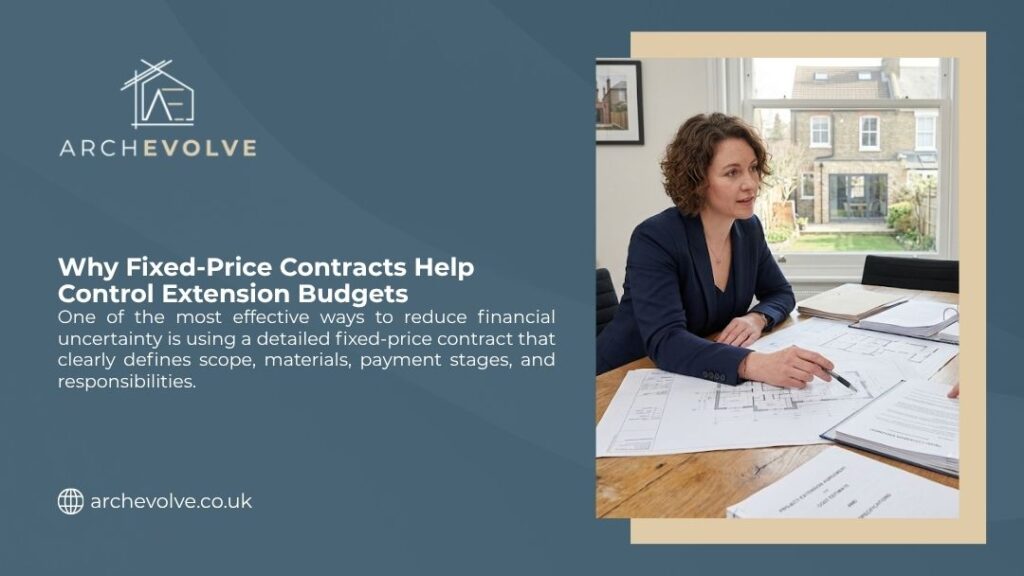 Woman reviewing architectural extension plans and contract documents at a desk, illustrating why fixed-price contracts help control extension budgets and reduce financial uncertainty.