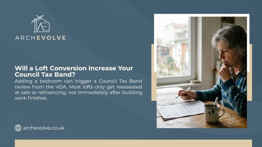 Woman reviewing paperwork at table, considering whether a loft conversion will increase her council tax band after building work finishes.