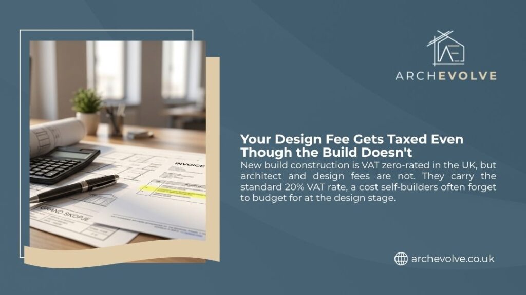 Architectural blueprints with invoice and calculator on desk, illustrating how design fees get taxed at 20% VAT even though new builds don't.