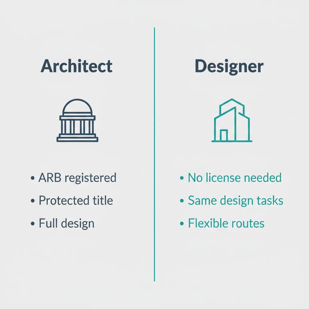 Comparison graphic contrasting an architect and an architectural designer by title, licensing and design work