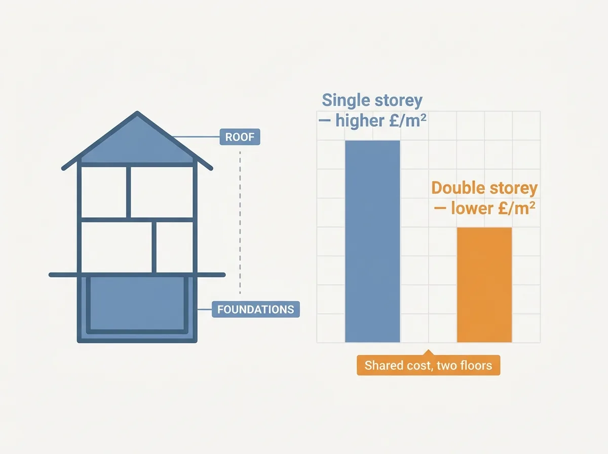 Infographic showing how shared foundation and roof costs lower the cost per square metre for a double storey extension