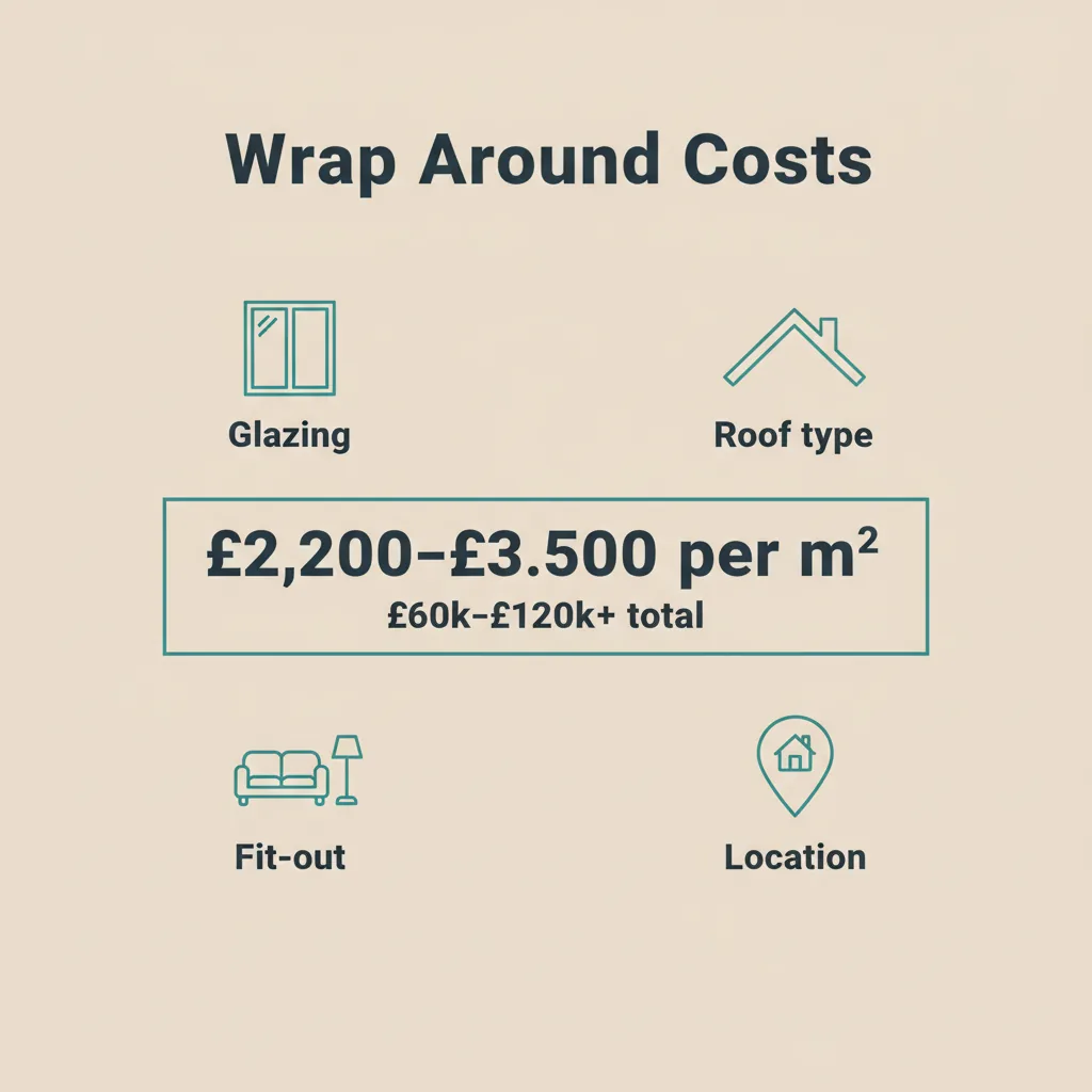 Infographic showing UK wrap around extension build costs of £2,200 to £3,500 per square metre and £60k to £120k total, with four cost drivers