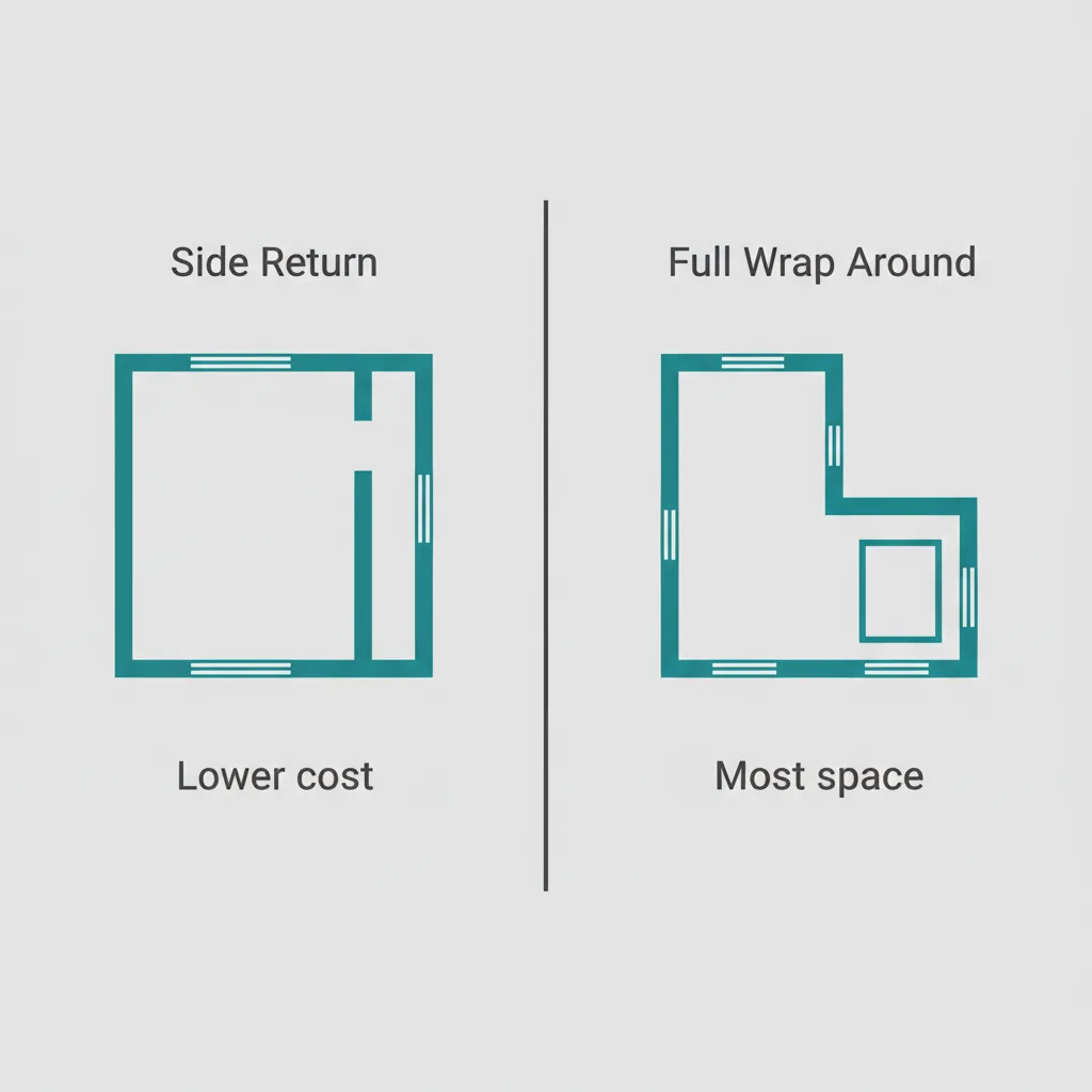 Side-by-side comparison of a small side return extension footprint versus a larger full wrap around L-shaped footprint