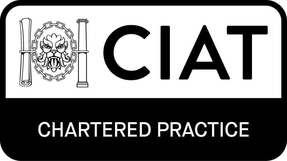 CIAT Chartered Practice logo in black and white with lion head, chain, scroll and column emblem