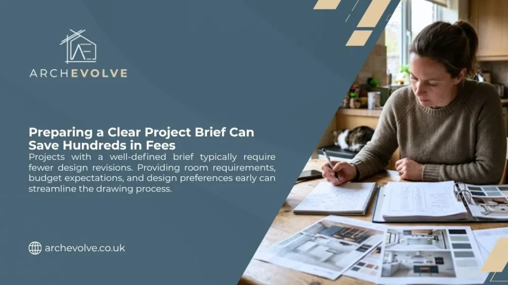 ArchEvolve graphic headed Preparing a Clear Project Brief Can Save Hundreds in Fees, woman writing notes beside mood boards
