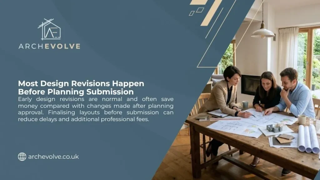 ArchEvolve graphic with headline Most Design Revisions Happen Before Planning Submission, three people reviewing plans at wooden table