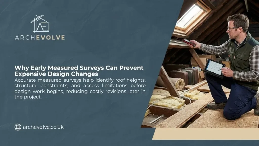 ArchEvolve graphic on early measured surveys, showing a man in a loft using a laser measure and tablet floor plan
