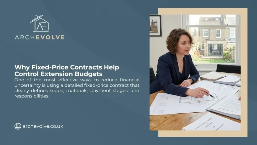 ArchEvolve graphic of a woman reviewing floor plans and contract documents at a wooden table