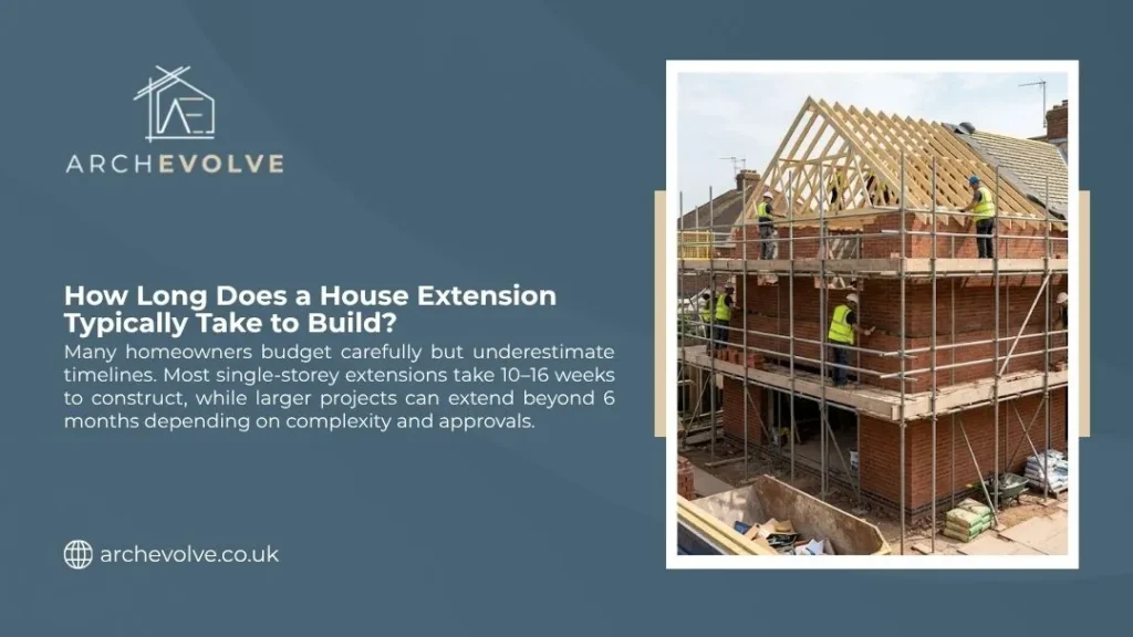 ArchEvolve graphic on extension build times, showing workers on scaffolding around a brick building with roof trusses