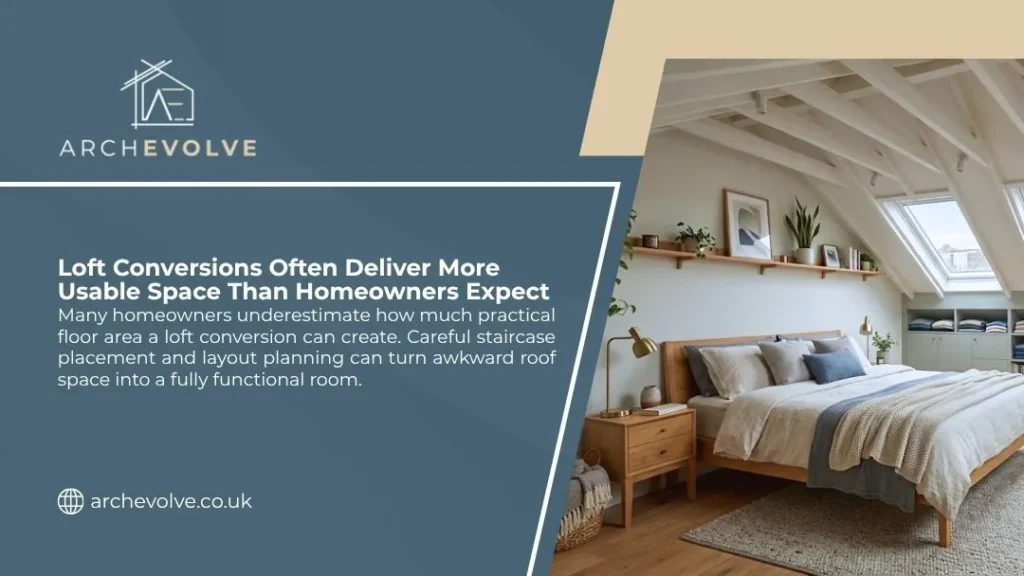ArchEvolve graphic about usable loft conversion space, showing a bright bedroom with white roof beams, skylight and built in shelving