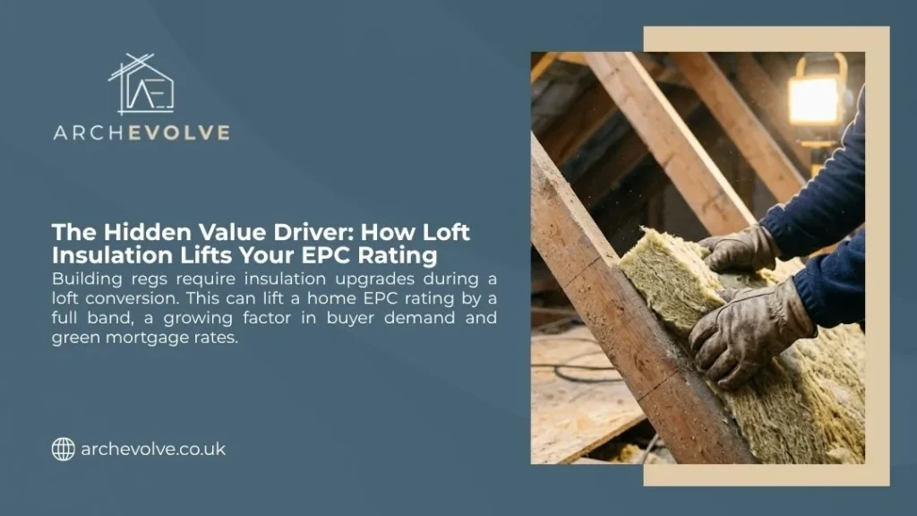 ArchEvolve graphic on loft insulation and EPC ratings, showing gloved hands fitting insulation between roof timbers