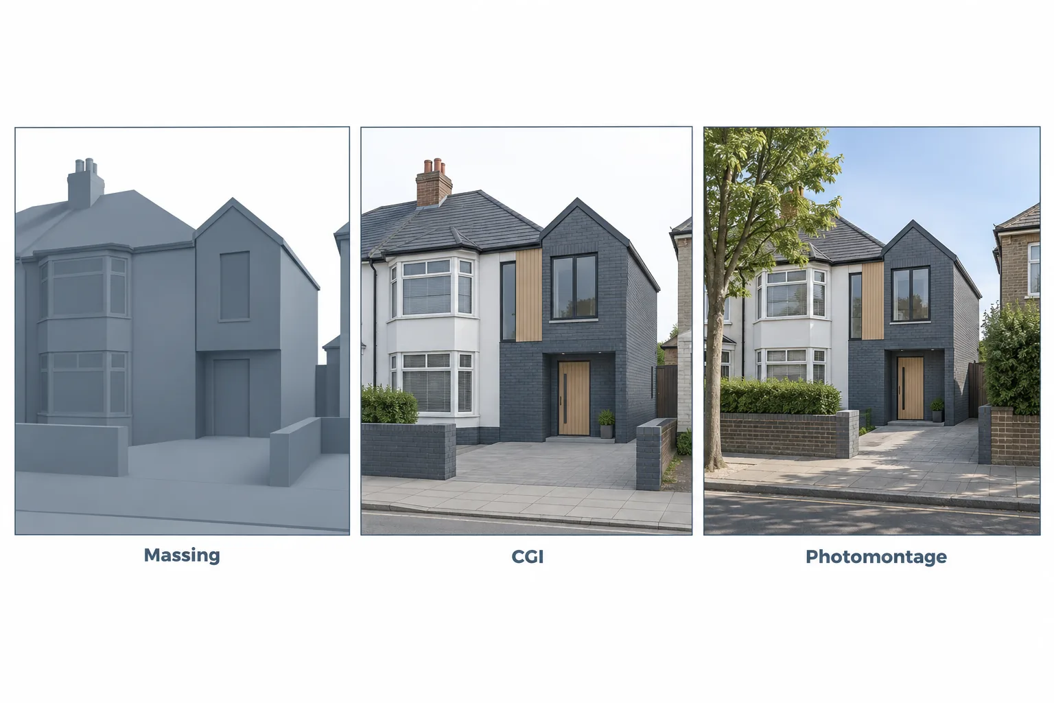 The same house extension shown three ways, as an untextured massing model, as a CGI render with materials, and as a photomontage placed in its street, showing what each planning visual type actually s