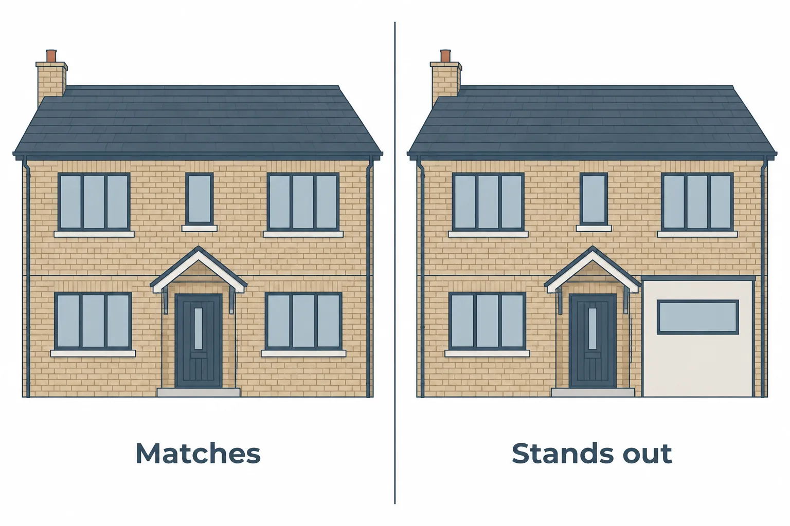 Side-by-side comparison of a garage door infill that matches the house's brick and window style and one with mismatched render and an odd window that stands out