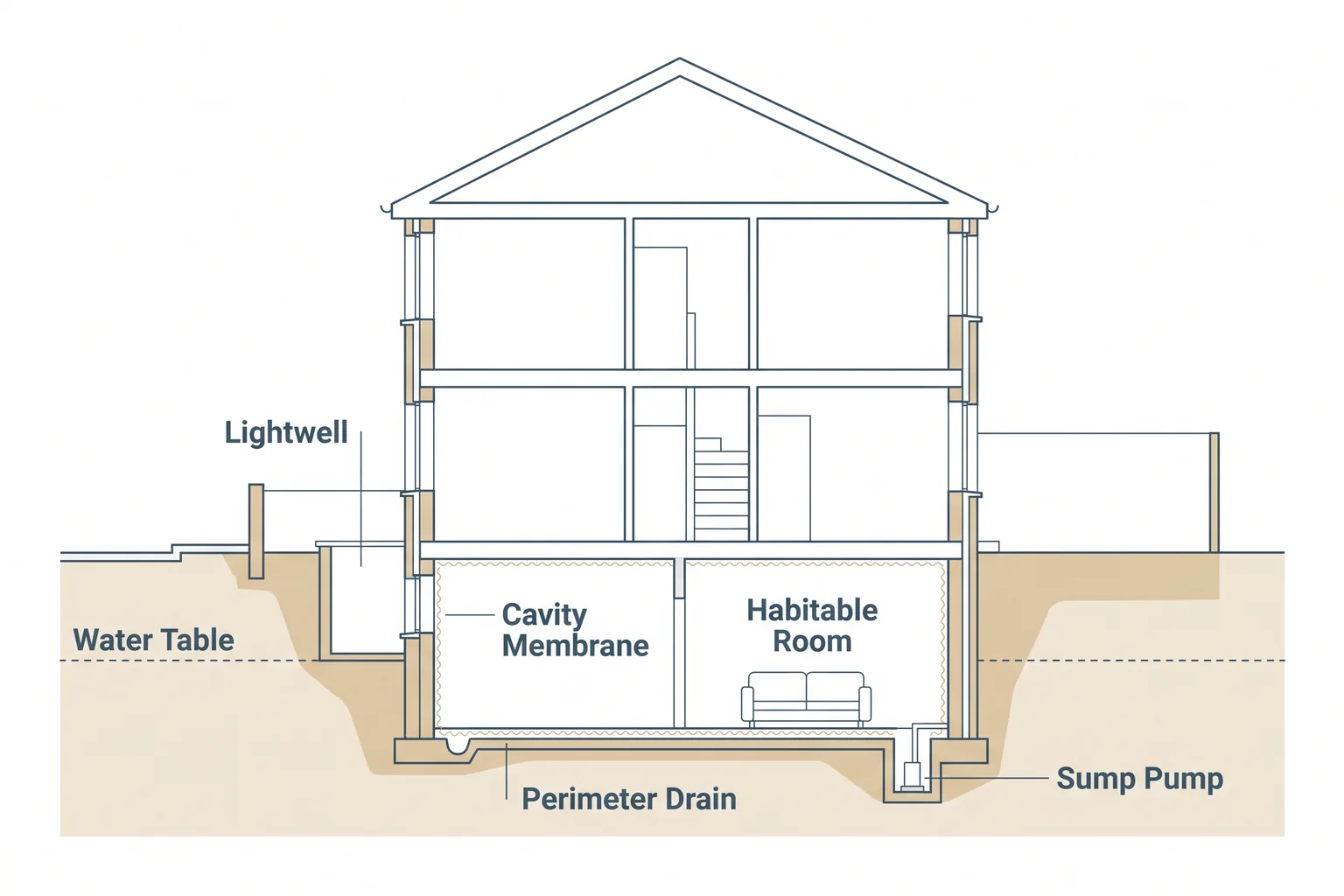 Cross-section of a terraced house cellar below the water table with a lightwell, cavity drain membrane, perimeter drain and sump pump